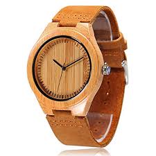 CUCOL Men's Bamboo Wooden Watch with Brown Cowhide