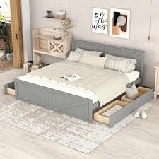 gray wood frame king size platform bed