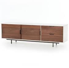 Triple media multimedia wall mounted storage rack create a space to storage cd's or dvd's in practical and elegant way with this wall mounted storage rack, made of laminate composite. Manfred Mid Century White Lacquer Walnut Media Console Long Over 67 W Kathy Kuo Home