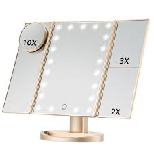 Led Lighted Makeup Mirror Magicfly 10x 3x 2x 1x Magnifying Mirror 21 Led Tri Fold Vanity Mirror With Touch Screen Gold Walmart Com Walmart Com