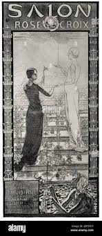 Das Plakat für die erste "Salon Rose+Croix" von Carlos Schwabe (1866-1926),  einem Schweizer Symbolisten, ist ein wichtiges symbolisches Werk der  idealistischen neuen Kunst. Nach dem Kunststudium in Genf zog Schwabe nach  Paris