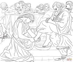 A woman kneeling down and kept her head on jesus' feet, the disciples sitting around a banquet table, trees. Jesus Washes Feet Coloring Page Coloring Home