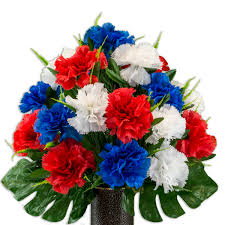 Wind would not be able to blow these out of the vase no matter how high it gets. Patriotic Carnation Arrangement Silk Cemetery Flowers