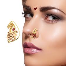 9blings Maharashtrian Style Peacock Ruby Big Gold Plated Non Piercing Nose Ring