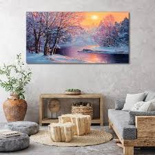 Winter River Tree Sun Canvas Wall Art