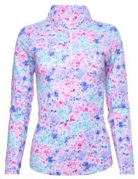 Ibkul Ladies Colleen Print Long Sleeve Mock Neck Golf Sun Shirts Seafoam Lavender