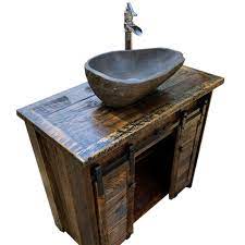barnwood bathroom vanity raised in a