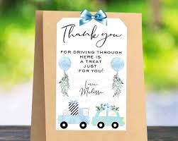 Simply print, cut and place onto your thank you gifts that you will be giving to your guests. Printable Drive By Baby Shower Favor Tag Blue Drive Through Etsy Baby Shower Favor Tags Baby Shower Party Favors Baby Shower Stickers