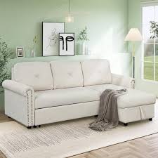 Beige Velvet Full Size 3 Seat Sofa Bed