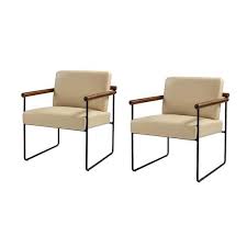 Jayden Creation Juan Ivory Modern Leather Arm Chair With Metal Base And Solid Wood Arm And Back Set Of 2 Grey