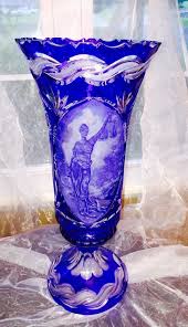 Bohemian Blue Cut To Clear Crystal Vase