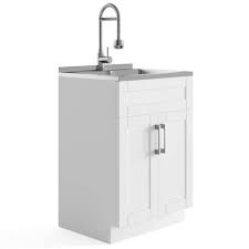 Features 2 lower shelves, an upper bar for small hand towels, and a curved design to fit under most pedestal sinks. Hartland Contemporary Deluxe Laundry Cabinet With Faucet And Stainless Steel Sink White Wyndenhall Target
