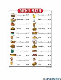 Select items in several categories from sample menus and accurately compute proper total, tax, and gratuity for their imaginary meal. Maths Worksheets And Online Exercises