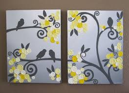 Wall Art Yellow Grey Flowers And Birds