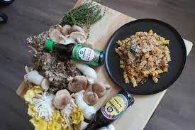fusilli with mushrooms in sesame soy