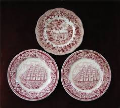 3 Vintage Red Transferware Pottery Plates Ironstone Table
