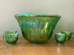 Green Carnival Glass Punch Bowl Set