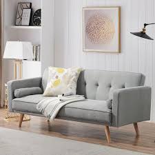 71 6 In Wide Square Arm Modern Cotton Straight Variable Bed Folding Sofa With Wood Legs For Living Room In Light Gray