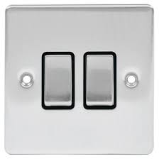 Niglon Premium Edge 2 Gang 2 Way 10ax Double Light Switch In Brushed Chrome With Black Insert