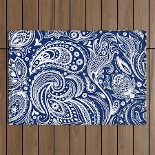 white and navy blue paisley outdoor rug