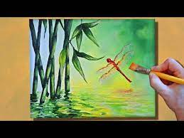 Bamboo And Dragonfly Acrylic Painting