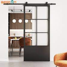 Black Steel Frame Glass Barn Door Leaf