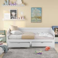 77 2 In Width White Wood Twin Size Sofa Bed With With 2 Drawers And Trundle