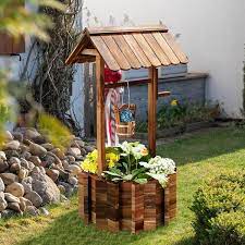 Sizzim Outdoor Wishing Well Wooden Planter With Hanging Bucket For Garden Patio Yard Decor Upgrade Reinforced Base Brown