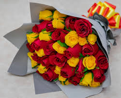 mixed flowers bouquet red and yellow