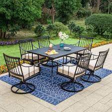 Phi Villa 7 Piece Metal Patio Outdoor Dining Set With Rectangle Table And Swivel Stylish Chairs With Beige Cushion