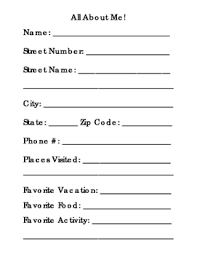 All About Me Form Name Address And Phone Number Favorite Things 1 Page