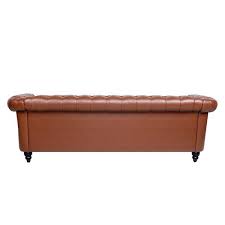 84 In W Round Arm Rolled Arm Faux Leather Chesterfield 3 Seater Curved Sofa With Reversible Cushions In Brown