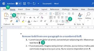 remove bold from numbered list in word