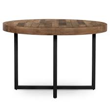 Using table wood recycled, recovered for their new table not only is good for the environment but also for the portfolio. Henry Rustic Lodge Brown Reclaimed Wood Cross Iron Leg Round Dining Table 41 D 50 D Kathy Kuo Home