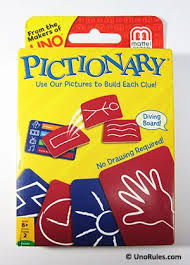 The game includes a game board, four playing pieces and category cards, a one minute sand timer and a die. Pictionary Rules Uno Rules