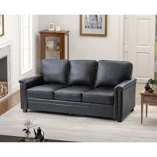 Artful Living Design Cristina 77 2 In Wide Black Leather Rectangle 3 Seat Sofa With Wooden Legs