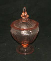 pink depression glass candy dish with