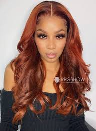 long wavy middle part copper brown highlight lace front wig sean013