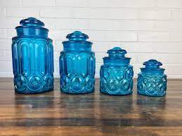 4 Piece Vintage Blue Glass Canister Set