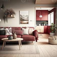 cozy living room with red sofa in