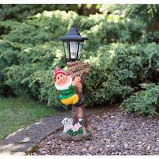 Garden Gnome With Solar Lamp Post Red