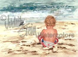 Toddler Boy On Beach Sand Watching