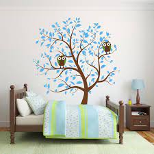 Blue Nursery Tree With Owls Wall Decal