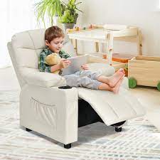 pu leather kids recliner chair with cup holders and side pockets beige color beige