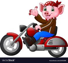 cartoon funny pig riding a motorcycle