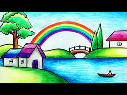 how to draw rainbow scenery with color