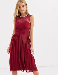 lipsy ruched midi dress with lace yolk