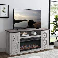 Festivo 68 In Freestanding Electric Fireplace Tv Stand In Saw Cut Off White With Dark Desktop