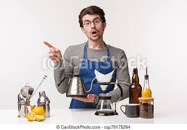 Brewing coffee in your chemex coffee maker is easy! Barista Cafe Worker And Bartender Concept Portrait Of Skeptical Young Man Pointing Finger Left While Holding Kettle Making Canstock