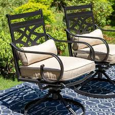 Phi Villa Black Swivel Metal Outdoor Dining Chair With Beige Cushions And Steel Frame 2 Pack